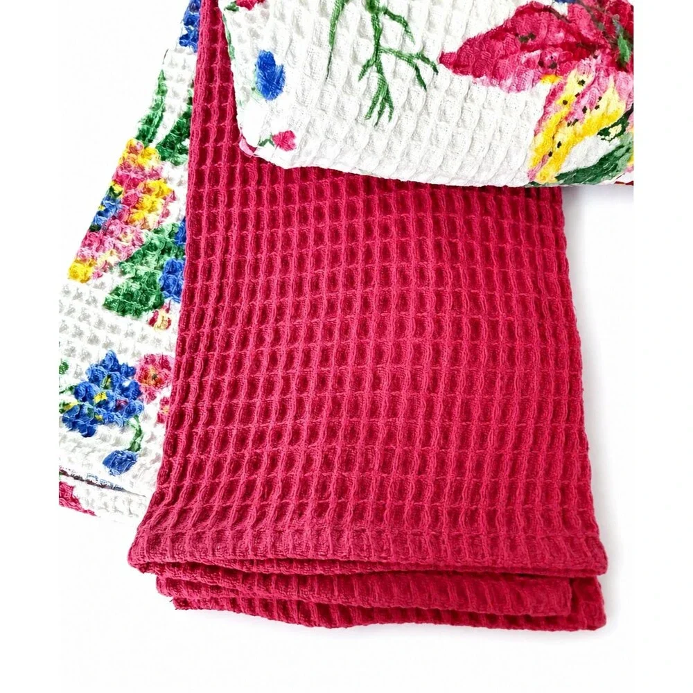 April Cornell Kitchen Dish Towels Set of 3 White Pink Blue Floral Waffle Weave